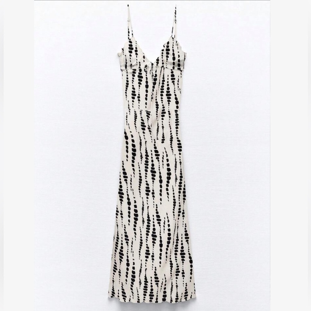 NEW CCB Black & White Dot Strappy Stretchy Maxi Lowcut Tie-Front Cutout Dress XS